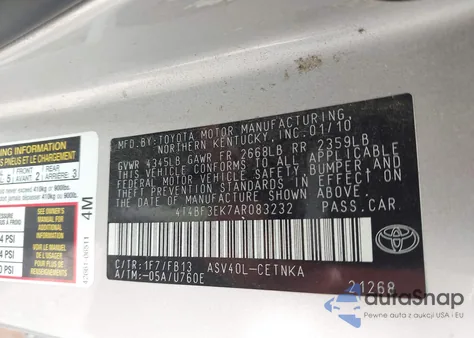 2010 Toyota Camry Le из США, поврежденный, VIN 4T4BF3EK7AR083232